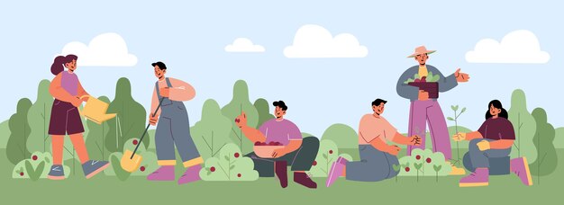 La gente trabaja en el jardín, planta flores y verduras, cosecha bayas. Ilustración plana vectorial de agricultores o voluntarios que trabajan juntos en la granja, el patio o el parque público