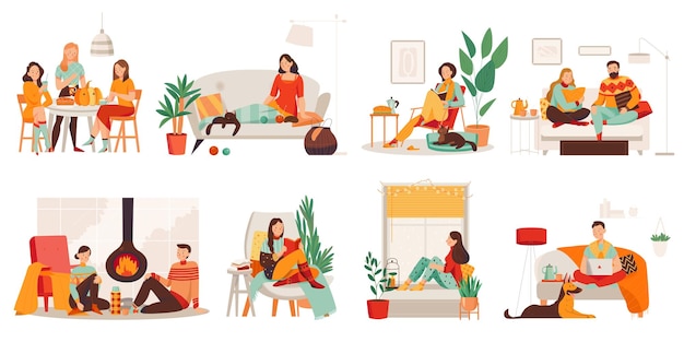 Gente trabajando y descansando en su acogedor apartamento en estilo escandinavo conjunto plano aislado ilustración vectorial