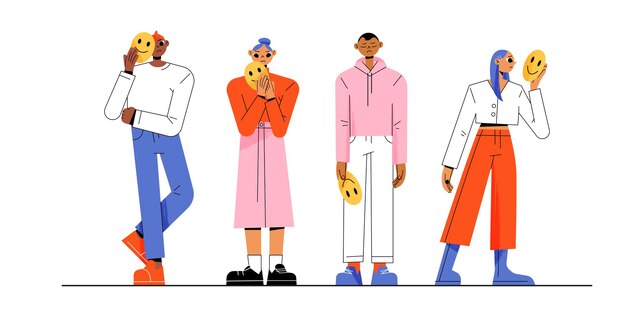 Gente triste cubre caras con máscaras sonrientes vector