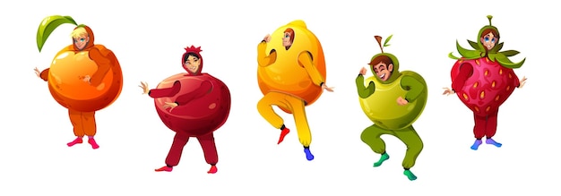 Vector gratuito la gente usa disfraces de frutas personajes aislados.