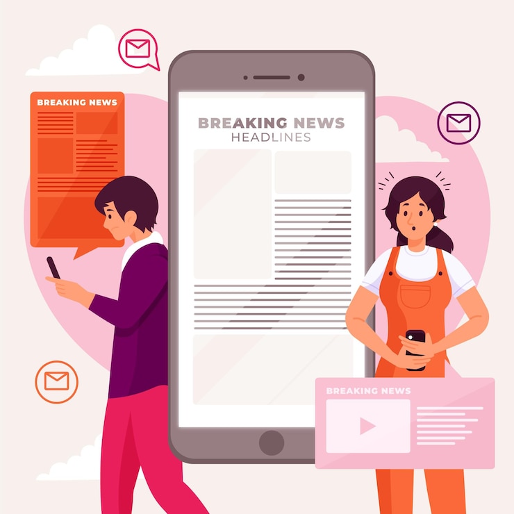 Vector gratuito gente viendo noticias de última hora por teléfono.
