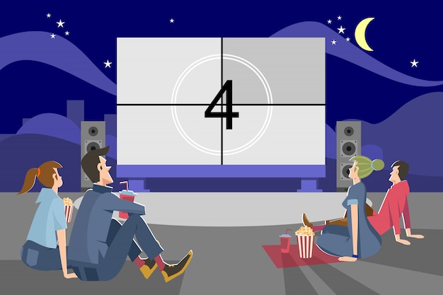 Vector gratuito gente viendo películas al aire libre en la noche