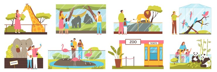 Vector gratuito la gente en el zoológico mirando diferentes composiciones planas de animales establece ilustraciones vectoriales aisladas