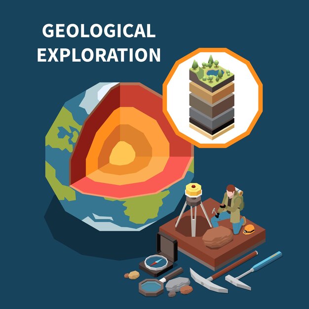 Geología exploración de la tierra composición coloreada isométrica con equipo de descripción de exploración geológica para trabajo y tipos de suelos ilustración vectorial