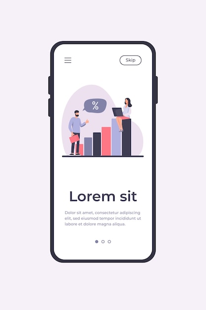 Gerente y cliente bancario discutiendo la tasa de interés. gente hablando, usando laptop, ilustración de vector plano de gráfico de barras de crecimiento. finanzas, concepto de préstamo para banner, diseño de sitio web o página web de destino