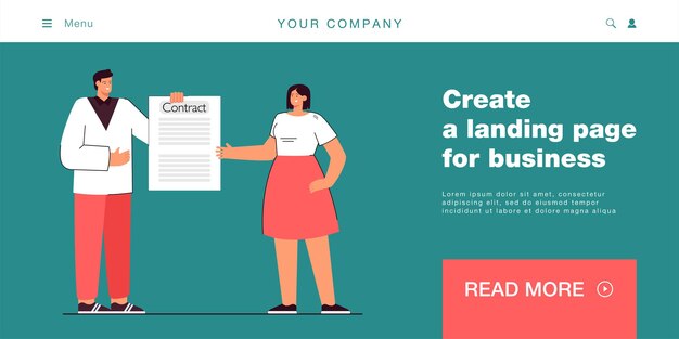 Gerente de empresa o empresario dando contrato a empleado. Hombre y mujer con ilustración de vector plano de documento legal. Trabajo en equipo, concepto de asociación para banner, diseño de sitio web o página web de inicio