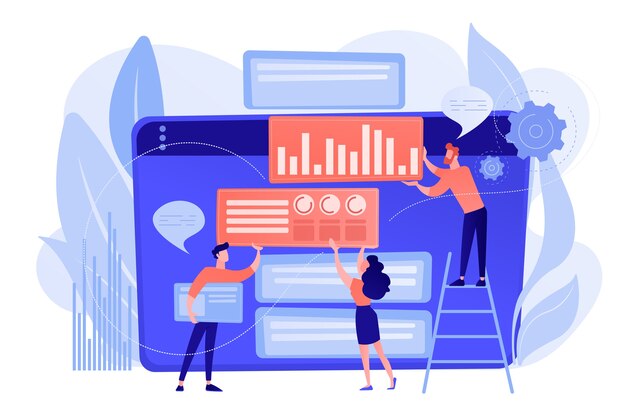 Gerente de marketing de contenido, especialista, analista que trabaja en sitios web para la audiencia. Marketing de contenidos, contenido de trabajo, concepto de herramienta de optimización SEO. Ilustración aislada de bluevector coral rosado