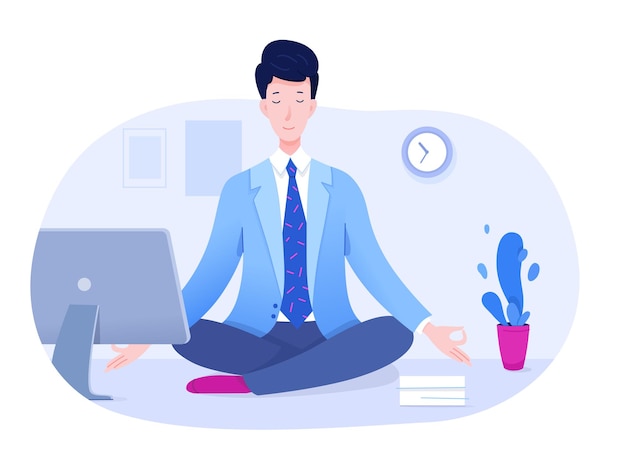 Vector gratuito gerente de oficina pacífica meditando sentado en posición de loto en la mesa hombre de negocios haciendo ejercicio de yoga