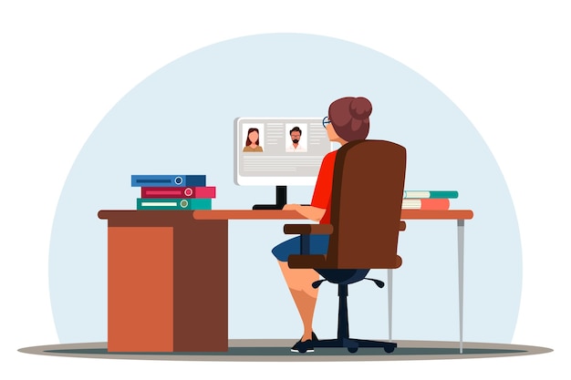 Gerente de recursos humanos en busca de un nuevo candidato en línea en la oficina Mujer mirando la pantalla de la computadora estudiando cv solicitante de empleo currículum reclutamiento gestión de recursos humanos encontrar personal profesional