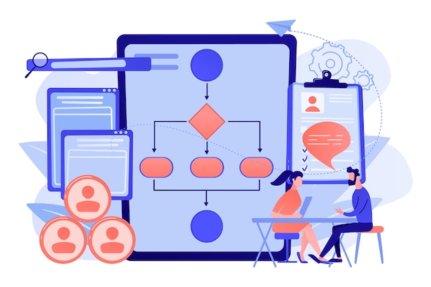Gerente de recursos humanos con empleado en entrevista y diagrama de flujo empresarial. Software de evaluación de empleados, sistema de la empresa de recursos humanos, ilustración del concepto de programa de verificación de empleados