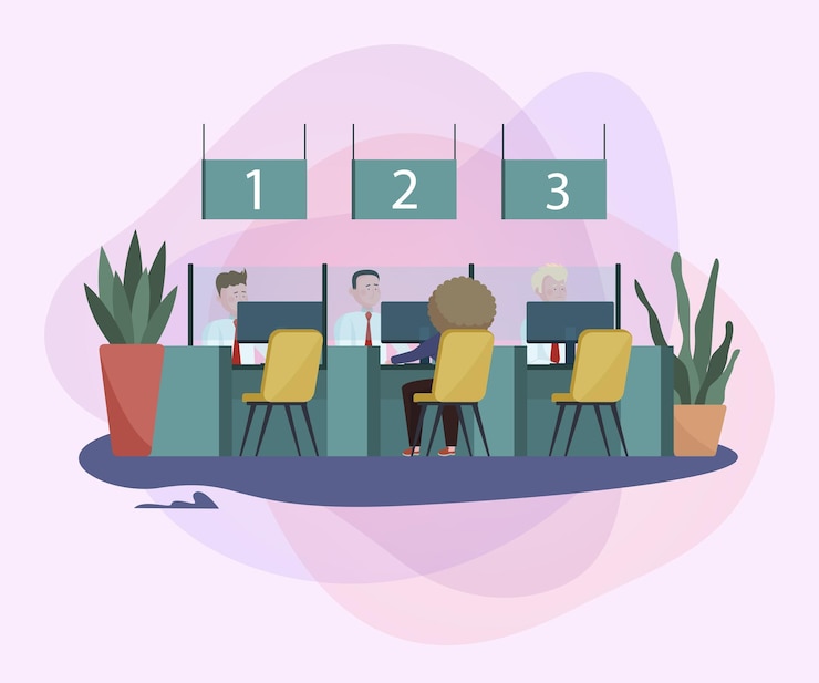 Vector gratuito gerentes de bancos hablando con clientes en el lobby