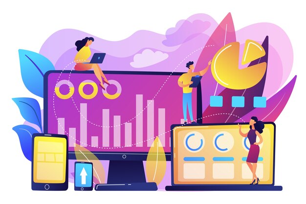 Gerentes de clientes que trabajan con dispositivos y gráficos circulares de los clientes. Segmentación de clientes, herramienta de marketing en Internet, concepto de colección de público objetivo. Ilustración aislada violeta vibrante brillante