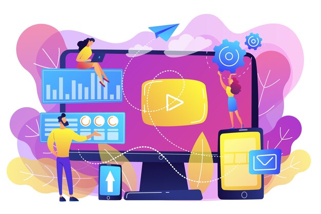 Los gerentes de publicidad de PPC trabajan con sitios web. Campaña de PPC, modelo de pago por clic, herramientas de marketing en Internet, concepto de publicidad en buscadores. Ilustración aislada violeta vibrante brillante