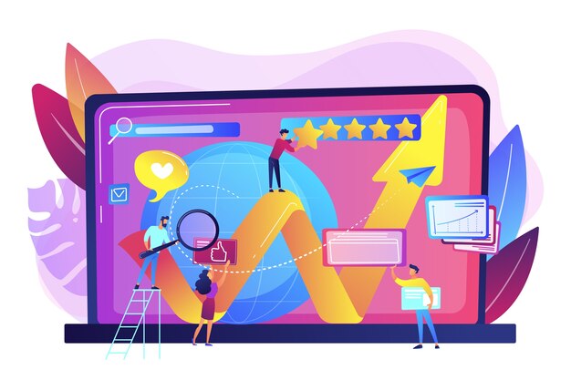 Gerentes de relaciones públicas, coworking de comercializadores de Internet. Gestión de la reputación en línea, resultados de búsqueda de productos y servicios, concepto de representación del espacio digital.