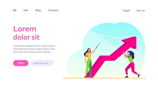 Gerentes resistiendo crisis. mujer apuntando hacia arriba, su colega sosteniendo la flecha de crecimiento. negocios, resolución de problemas, concepto de diseño de sitios web o páginas web de destino