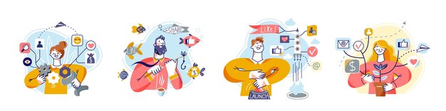 Los gerentes de Smm trabajan con contenido creativo y fidelización de audiencias. Las personas que realizan múltiples tareas comparten la influencia de las publicaciones con ideas y lanzan una campaña de cohetes aislada en blanco.