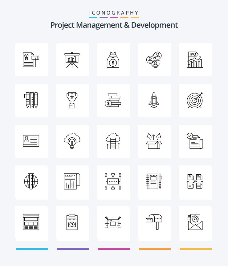 Gestión y desarrollo de proyectos creativos 25 paquete de iconos de esquema, como informe de enfoque moderno, negocio empresarial