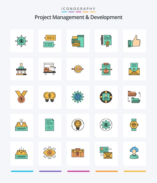 Gestión y desarrollo de proyectos creativos Paquete de iconos llenos de 25 líneas, como conversaciones de documentos de página, documentos legales, corporativos