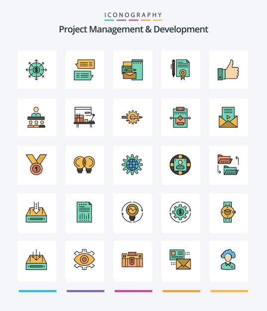 Gestión y desarrollo de proyectos creativos Paquete de iconos llenos de 25 líneas, como conversaciones de documentos de página, documentos legales, corporativos