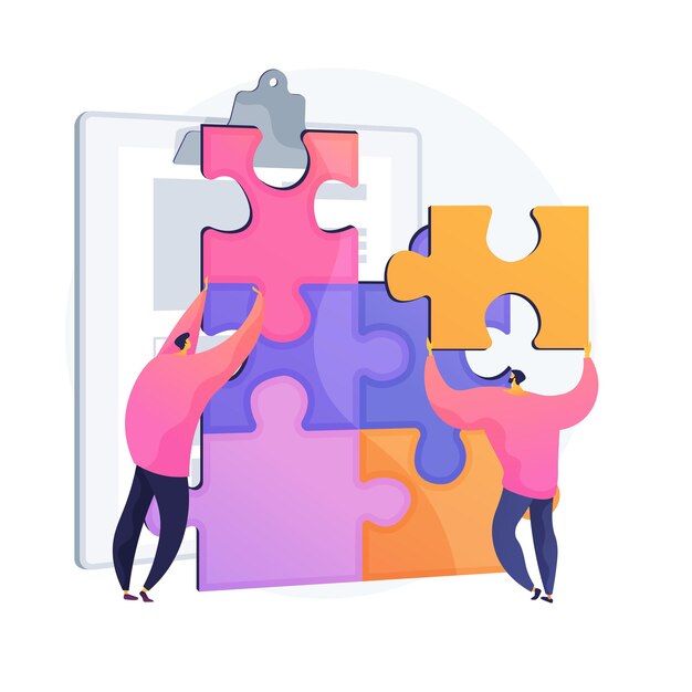 Gestión de proyectos de compañeros de trabajo. Team building, trabajo en equipo de directores ejecutivos, colaboración de compañeros. Empleados personajes armando rompecabezas.