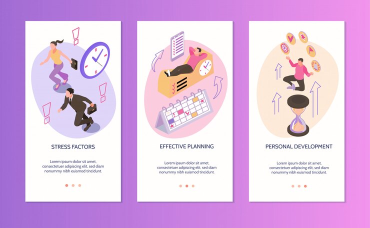 Vector gratuito gestión del tiempo banners verticales conjunto de factores de estrés planificación efectiva desarrollo personal composiciones aisladas isométricas