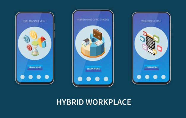 Gestión del tiempo en el lugar de trabajo híbrido modelo de oficina en casa chat de trabajo conjunto isométrico de banners móviles verticales ilustración vectorial aislada