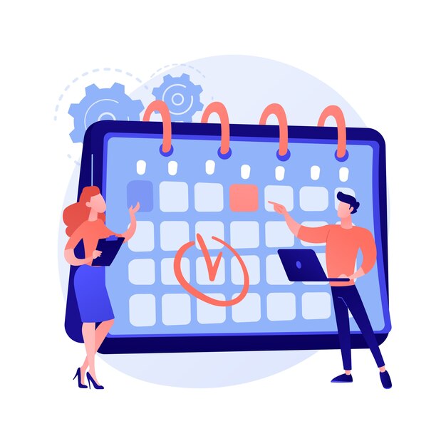 Gestión del tiempo. Método de calendario, planificación de citas, organizador de negocios. Gente dibujando marca en personajes de dibujos animados de horario de trabajo. Trabajo en equipo de colegas.