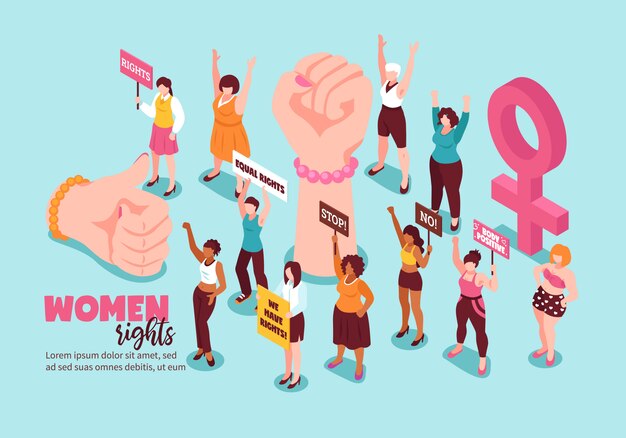 Gestos feministas y activistas por los derechos de las mujeres con pancartas