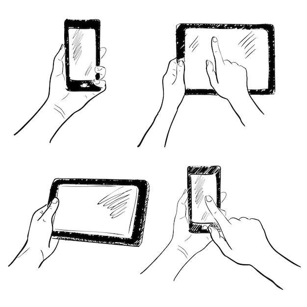 Gestos de manos sosteniendo smartphone tableta pantalla táctil conjunto de bocetos aislado ilustración vectorial