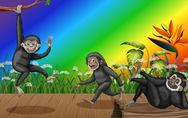 Gibbons en el bosque sobre fondo de arco iris degradado