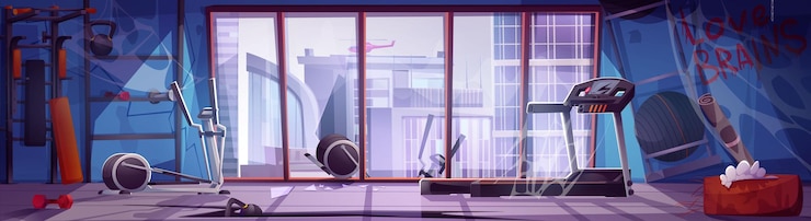 Vector gratuito gimnasio abandonado y cerrado con máquinas de ejercicio rotas y equipos deportivos vector de dibujos animados sala de gimnasio sucia y destrozada con equipo de entrenamiento físico destruido basura esparcida y telarañas