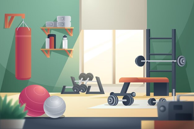 Gimnasio en casa degradado con máquinas