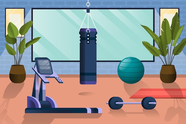 Vector gratuito gimnasio en casa con diferentes elementos de entrenamiento.