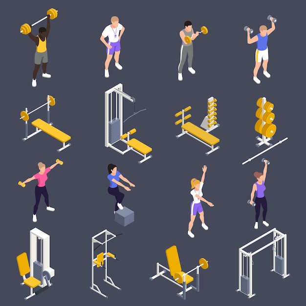 Gimnasio entrenamiento fitness ejercicio personas equipo isométrico conjunto con banco de entrenamiento mancuernas barras ilustración de vector de fondo negro