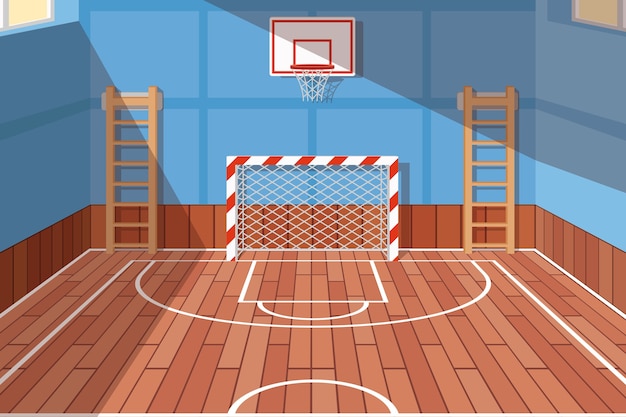 Vector gratuito gimnasio de la escuela o universidad. gimnasio para cancha de futbol y basquetbol, pabellón escolar, juego de piso. ilustración vectorial