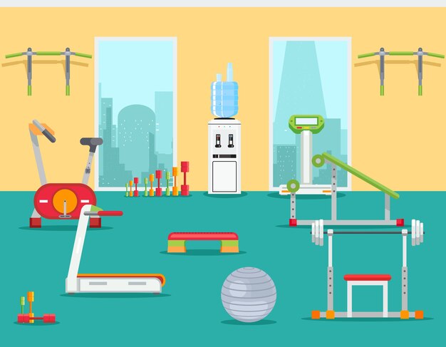 Gimnasio de estilo plano. Sala interior deportiva para entrenamiento indoor. Ilustración vectorial