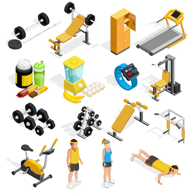 Vector gratuito gimnasio y fitness conjunto de iconos isométricos