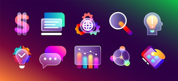 Glassmorphism matte ui conjunto de iconos con gradiente de neón borroso para el diseño de aplicaciones móviles transparente esmaltado