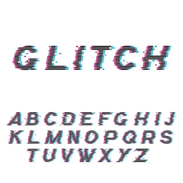 Glitch font o distorsionado abc, tipografía latina moderna