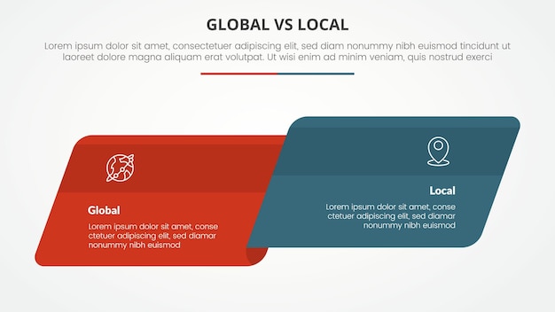 global versus local versus comparación opuesto concepto infográfico para la presentación de diapositivas con caja rectangular redonda sesgada lado a lado con estilo plano