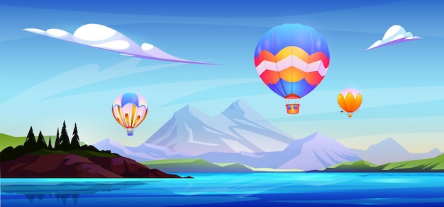 Vector gratuito globo aerostático en el cielo sobre el fondo de la escena de dibujos animados de agua de mar aventura en avión con paisaje de vista al lago y a la montaña viaje festivo volador cerca de la costa del océano ilustración de juego horizontal