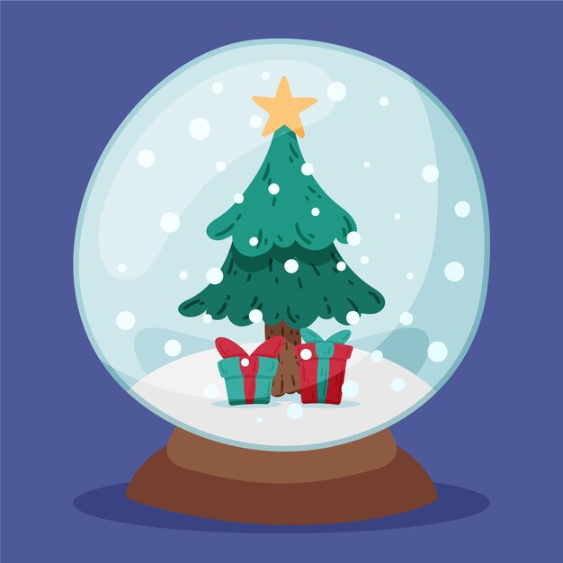 Globo de bola de nieve de Navidad dibujado a mano con árbol de Navidad