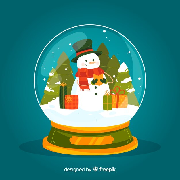 Globo de bola de nieve de Navidad dibujado a mano con muñeco de nieve