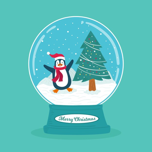 Globo de bola de nieve de navidad dibujado a mano con pingüino