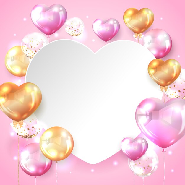 Globo brillante rosa y dorado con espacio de copia en forma de corazón