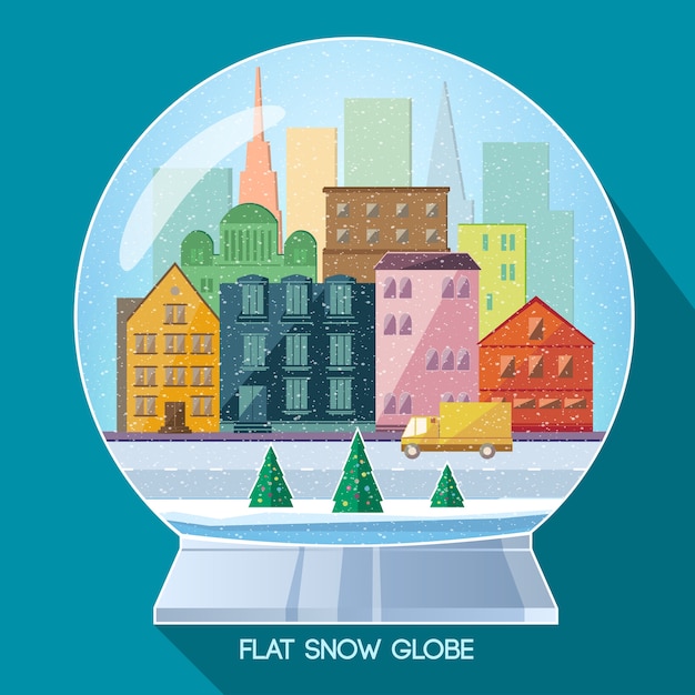 Vector gratuito globo de navidad de cristal con paisaje de invierno y nieve en estilo plano en azul