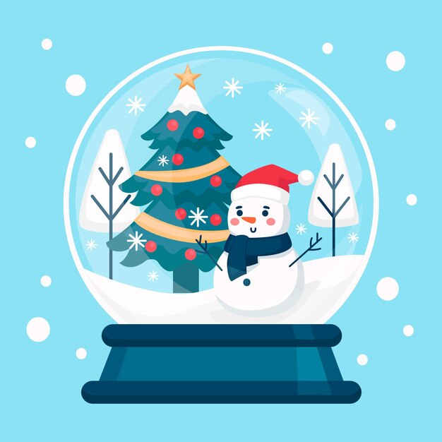Globo plano de bola de nieve navideña con muñeco de nieve sonriente
