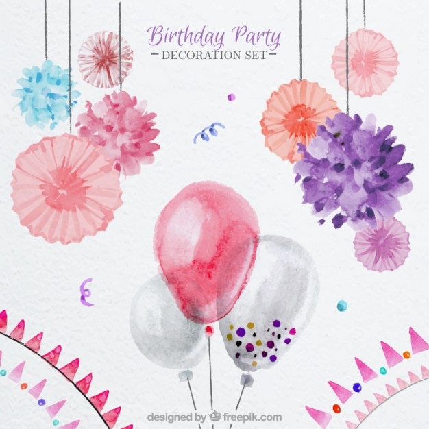 Vector gratuito globos de acuarela y decoración floral para cumpleaños