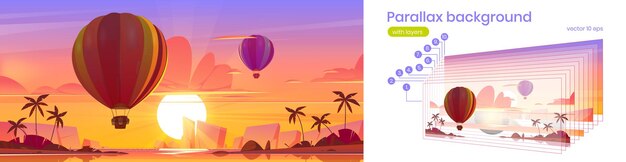 Globos de aire caliente de fondo de paralaje volando en el cielo del atardecer sobre una isla tropical con palmeras en el océano. Paisaje de la naturaleza del paisaje de verano con capas separadas para la animación del juego, escena de dibujos animados 2d vector