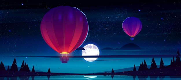 Globos de aire volando en el cielo estrellado de la noche con luna llena y nubes sobre el lago con rocas y árboles de coníferas. Viaje en vuelo aéreo, paisaje de medianoche, ilustración vectorial de dibujos animados, fondo